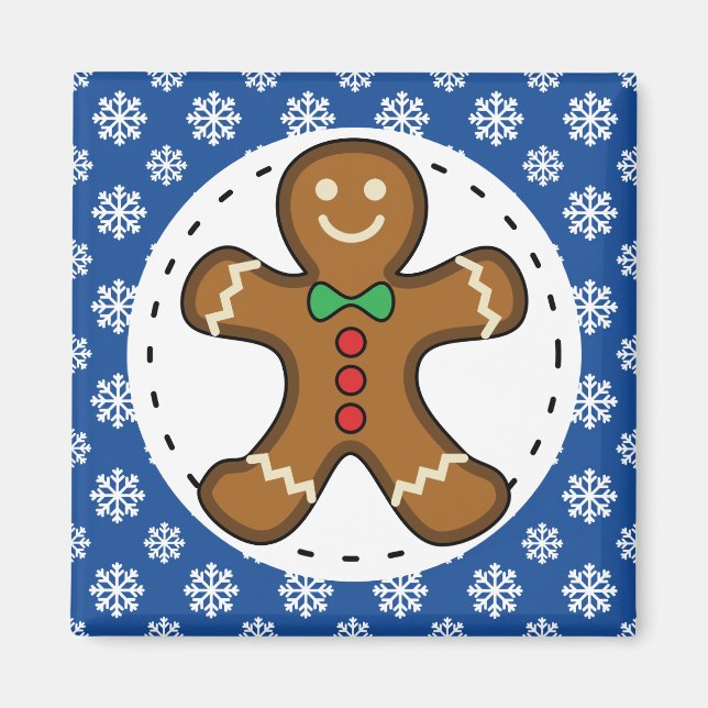 Gingerbrot Man on Blue White Snowflakes Pattern Magnet (Vorne)