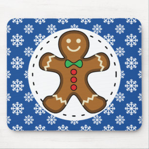 Gingerbrot Man on Blue White Snowflakes Pattern Mousepad