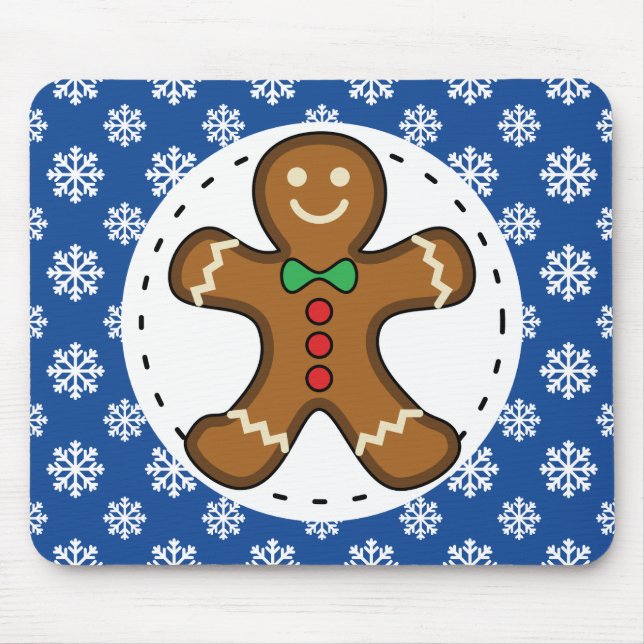 Gingerbrot Man on Blue White Snowflakes Pattern Mousepad (Vorne)