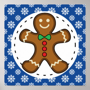 Gingerbrot Man on Blue White Snowflakes Pattern Poster