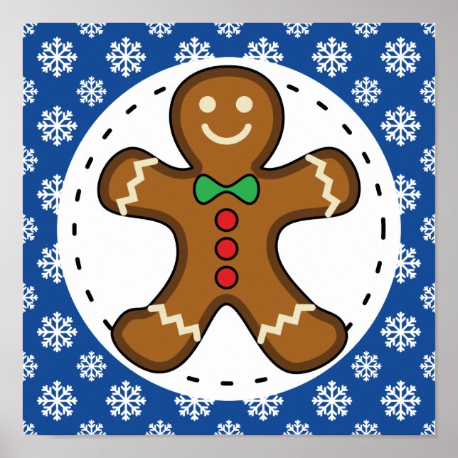 Gingerbrot Man on Blue White Snowflakes Pattern Poster (Vorne)