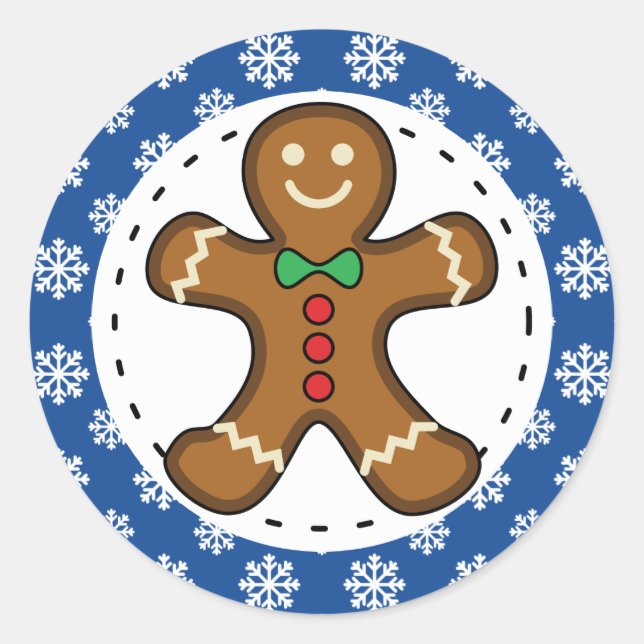 Gingerbrot Man on Blue White Snowflakes Pattern Runder Aufkleber (Vorderseite)