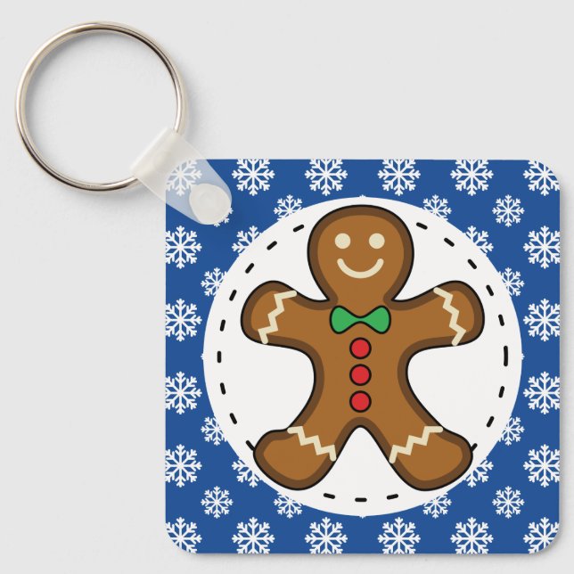 Gingerbrot Man on Blue White Snowflakes Pattern Schlüsselanhänger (Vorderseite)