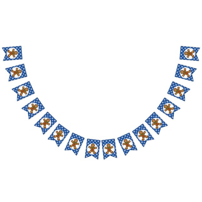 Gingerbrot Man on Blue White Snowflakes Pattern Wimpelkette (Alle)