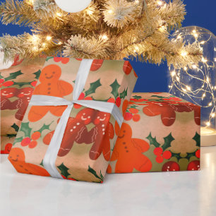 Gingerbrot Men Holly Berries Geschenkpapier