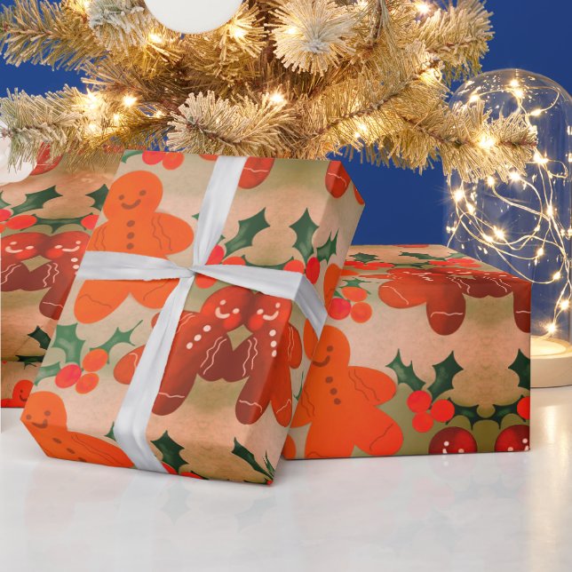 Gingerbrot Men Holly Berries Geschenkpapier (Feiertage)
