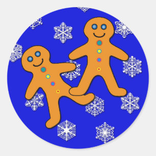Gingerbrot-Twins auf Schneeflocken-Hintergrund Runder Aufkleber
