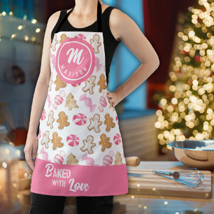 Gingerbrot und Candy Cane Pink Muster Monogramm Schürze