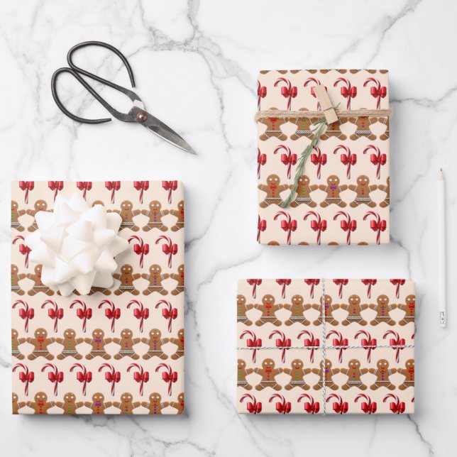 Gingerbrot und Candy Cane Weihnachtsmuster Geschenkpapier Set (Vorderseite)