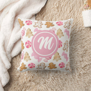 Gingerbrot und Sugarplum Pink Monogram Muster Kissen