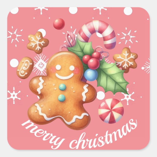 Gingerbrot Weihnachten Peppermint Blauer Name Rosa Quadratischer Aufkleber (Vorderseite)