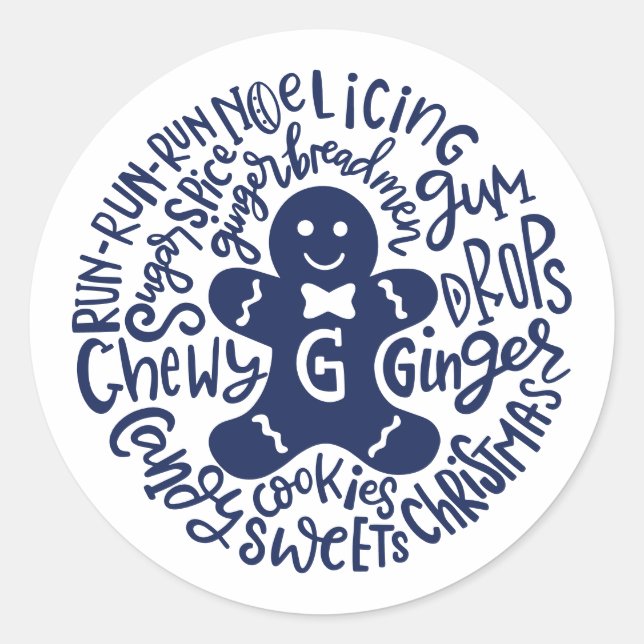 Gingerman Christmas Winter Candy Typografie BLUE Runder Aufkleber (Vorderseite)