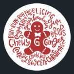 Gingerman Christmas Winter Candy Typografie Runder Aufkleber<br><div class="desc">Eine festliche Typografie-Komposition von handgeschriebenen Weihnachtsgebäck und Keksen umkreist einen Doodle Ingwer Keks mit einem niedlichen Papillon|. Ideal, um Weihnachts- und Feiertagsbriefe und Weihnachtskarten zu Siegel oder Ihre Geschenke unter dem Weihnachtsbaum zu schmücken! Rote Farbe ist vollständig veränderbar, auch weiße Farbe ist leicht personalisierbar, um Ihre Farbe zu bestimmen. Gute...</div>