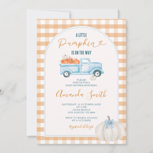 Gingham A Little Pumpkin Fall Truck Baby Dusche Einladung (Vorderseite)