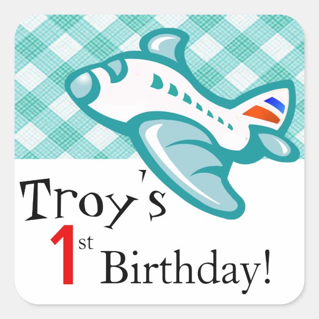 Gingham Airplane Birthday Party Gefallen | Minzaqu Quadratischer Aufkleber (Vorderseite)