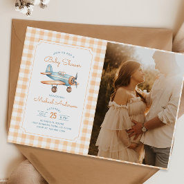 Gingham Airplane Boy Baby Shower Foto Einladung
