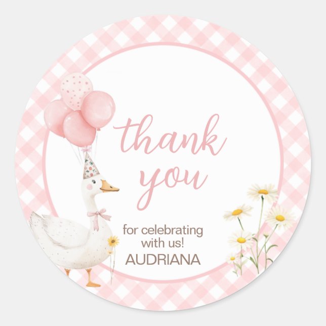 Gingham Albern Goose Birthday Party Runder Aufkleber (Vorderseite)