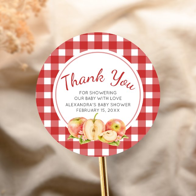Gingham Apple of Our Eye Baby Shower Runder Aufkleber (Apple Baby Shower Sticker)