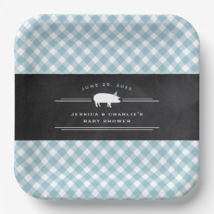 Gingham Baby BBQ Blue Co-ed Babyparty Pappteller