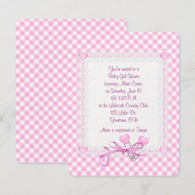 Gingham Baby Girl Einladung (Vorne/Hinten)