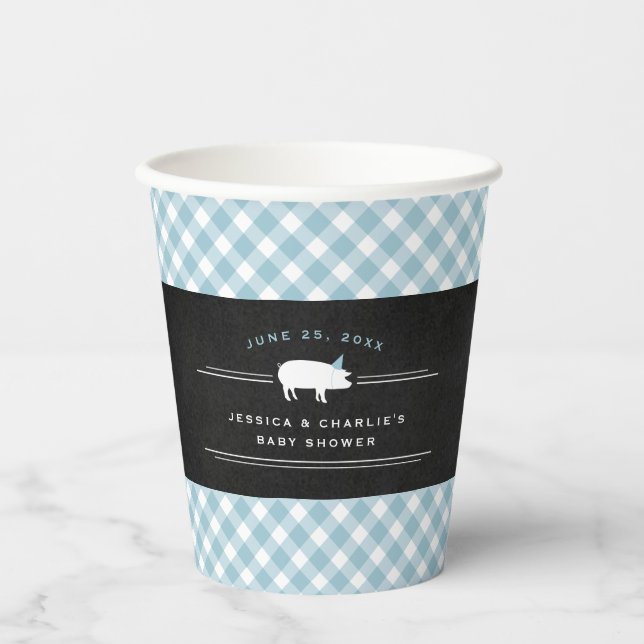 Gingham Baby GRILLEN Blue Co-ed Baby Shower Pappbecher (Vorderseite)