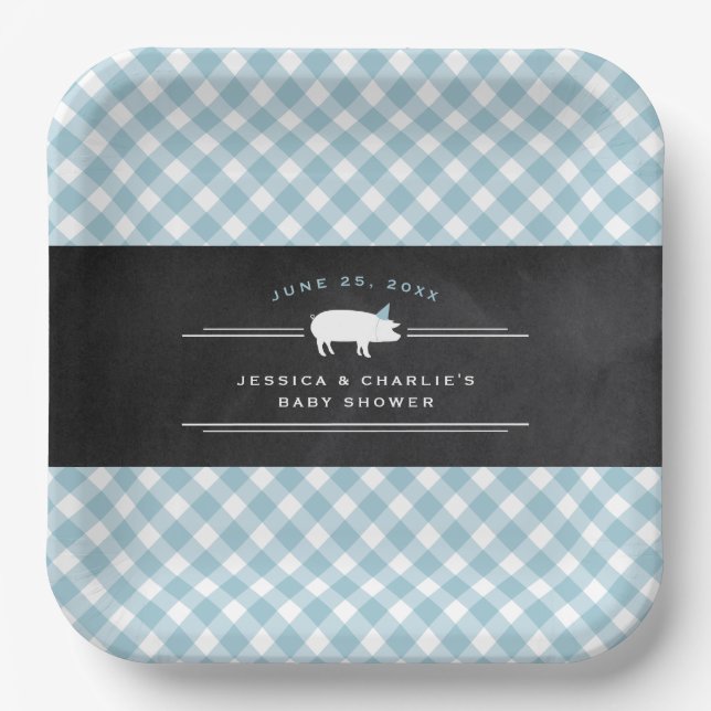 Gingham Baby GRILLEN Blue Co-ed Baby Shower Pappteller (Vorderseite)