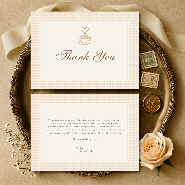 Gingham Baby is Brewing Coffee Baby Shower Dankeskarte (Von Creator hochgeladen)