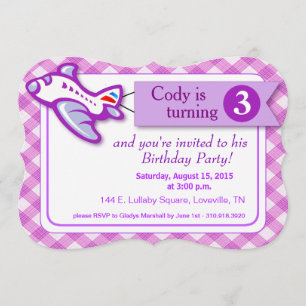 Gingham Banner Flugzeug Geburtstag  Lavendel Einladung