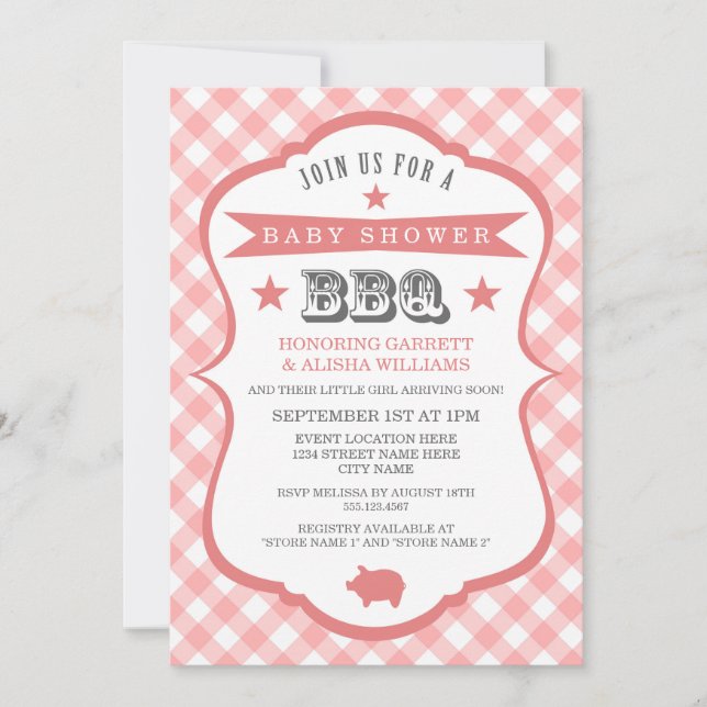 Gingham Barbecue Baby Shower Einladung / Coral (Vorderseite)