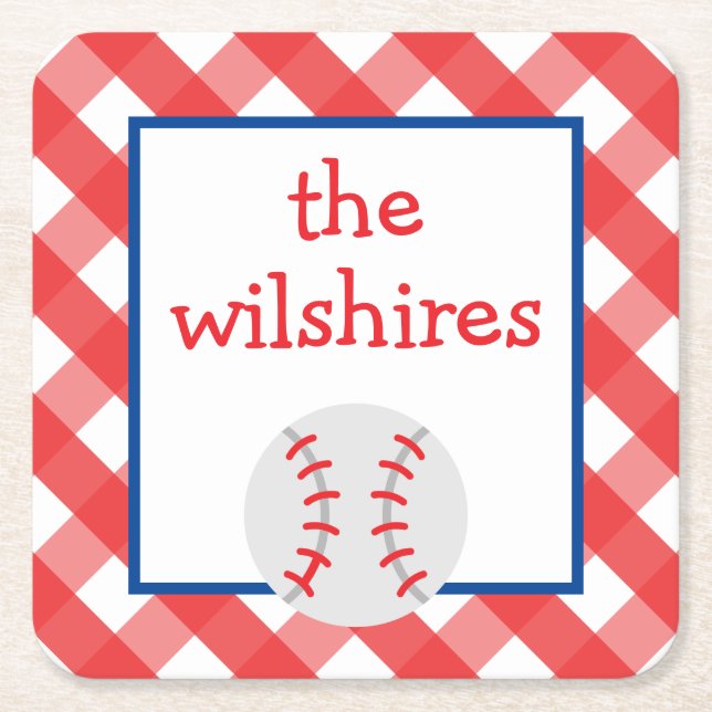 Gingham Baseball Personalisiert Paper Untersetzer (Vorderseite)