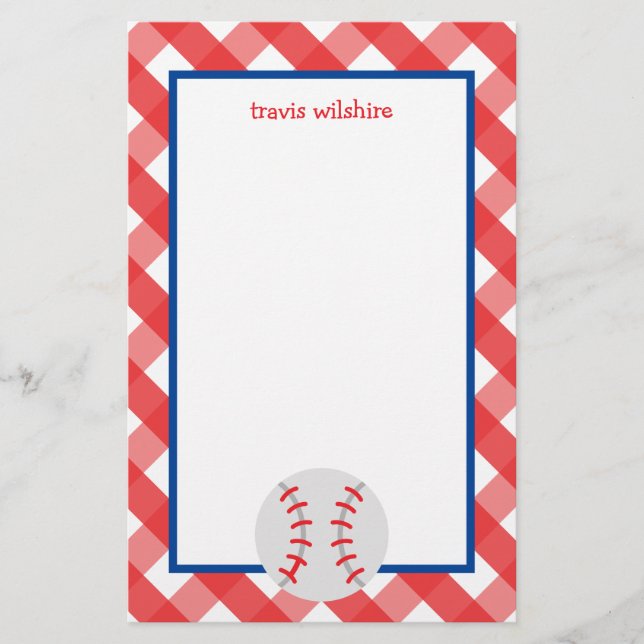 Gingham Baseball Personalisiert Stationery (Vorderseite)