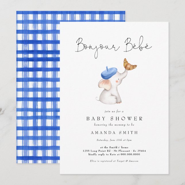 Gingham Bebe French Elephant Baby Boy Shower Einladung (Vorne/Hinten)