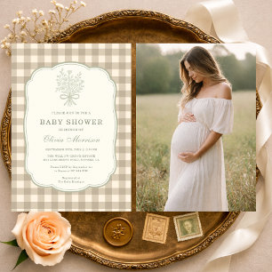 Gingham Beige Elfenbein Blumen Schleife Foto Baby  Einladung