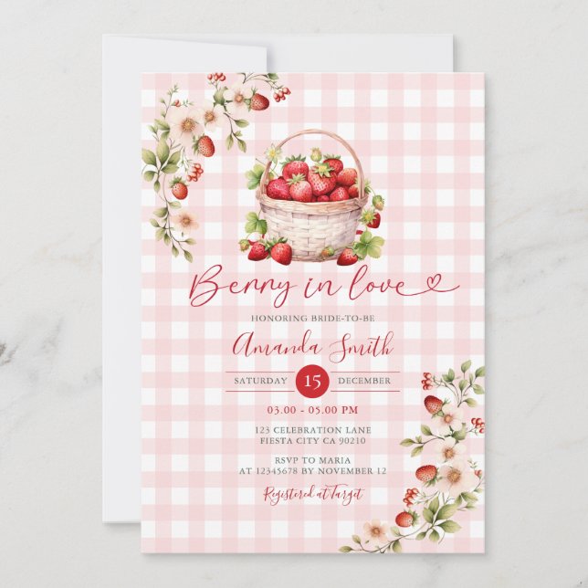Gingham Berry in Liebe Erdbeeren Brautparty Einladung (Vorderseite)