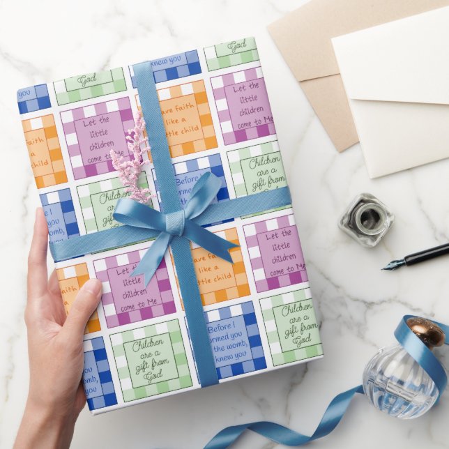 Gingham Bible verses über Kinder und Babys Geschenkpapier (Schenken)