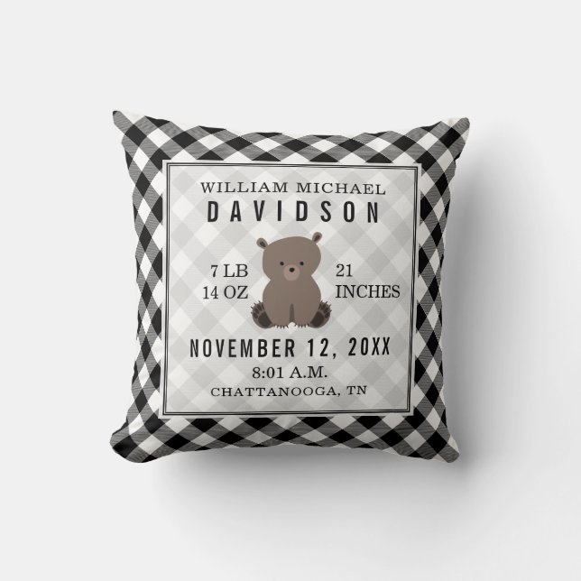 Gingham Black + White Bear Baby Boy Birth Stats Kissen (Vorderseite)