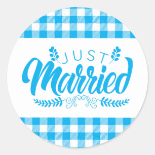 Gingham Blau Karo Land Hochzeit Runder Aufkleber