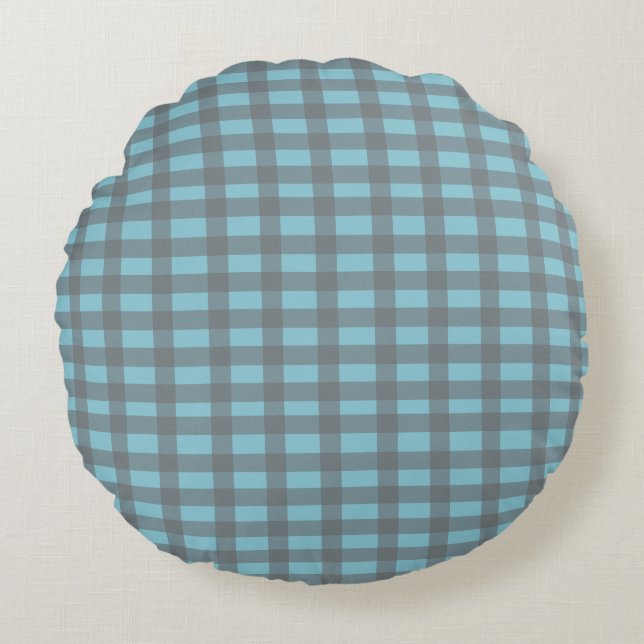 Gingham Blau  Rundes Kissen (Vorderseite)