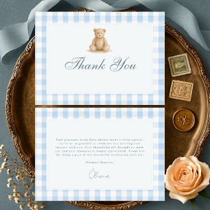 Gingham Blau Teddy Bär Junge Baby Shower Dankeskarte