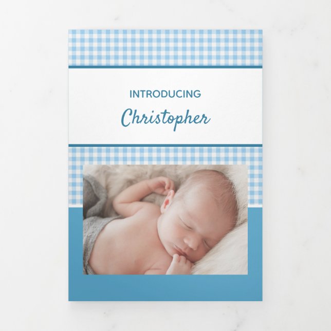 Gingham, Blauer Foto Dreifach Gefaltete Ankündigung (Cover)