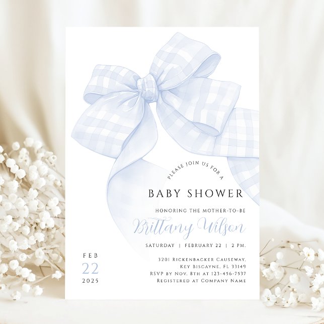 Gingham Blue Bow Baby Shower Einladung (Von Creator hochgeladen)