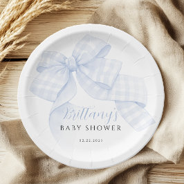 Gingham Blue Bow Baby Shower Paper Plates Pappteller