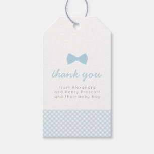 Gingham Blue-Bow-Krawatte-Babydusche Geschenkanhänger