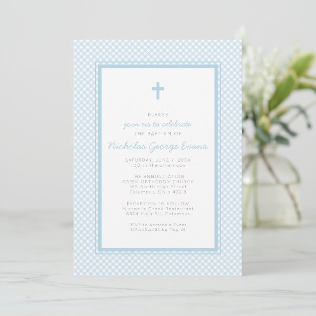 Gingham Blue Boy Taufe Einladung (Stehend Vorderseite)
