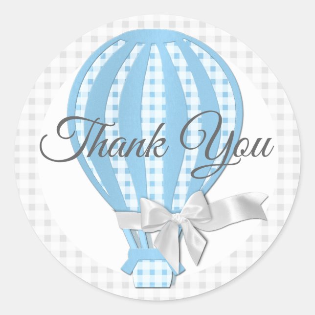 Gingham Blue Hot Air Balloon Runder Aufkleber (Vorderseite)
