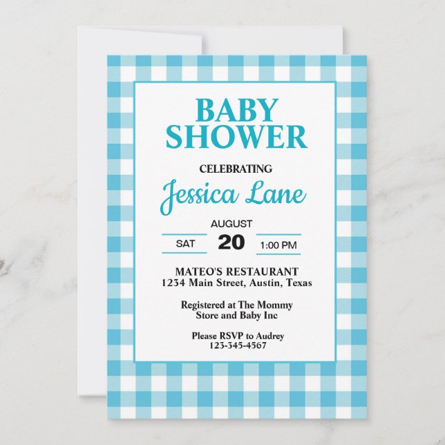 Gingham Blue Kariert Baby Shower Einladung (Vorderseite)