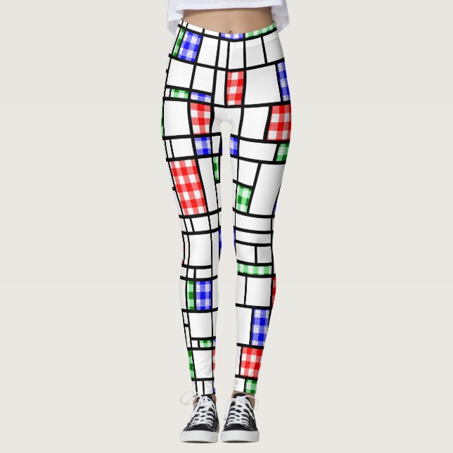 Gingham Blue Red Green Modern Art Grid Legging Leggings (Vorderseite)