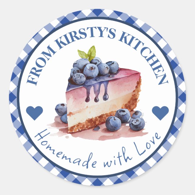 Gingham Blueberry Cake Label Runder Aufkleber (Vorderseite)