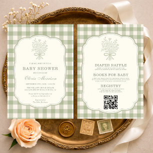 Gingham-Blumen-Schleife QR-Code Baby Shower Alles Einladung