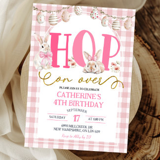 Gingham Boho Floral Hop on over Bunny Birthday Einladung
